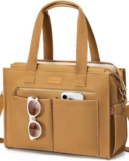 Canvas Tote Bag for Women, 15-Pockets Work Laptop Tote Purse Large Crossbody Nurse Teacher Bible Bag for School Travel Daily | with Strap & Zipper, Multi Compartment, Stand Upright Stably, College Shoulder Bag, Clinical Nursing Bag, Ideal Gift for Women