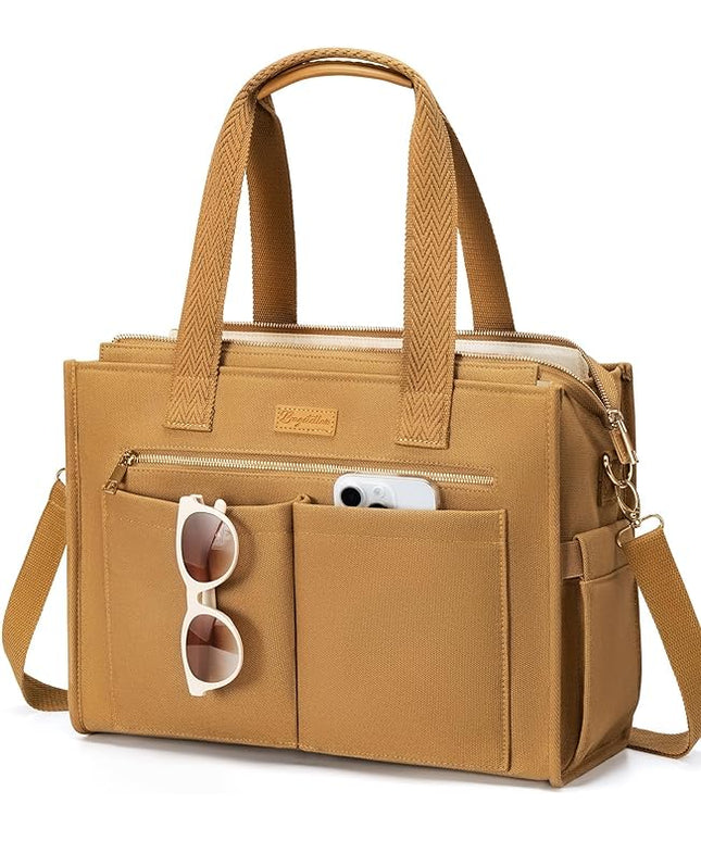 Canvas Tote Bag for Women, 15-Pockets Work Laptop Tote Purse Large Crossbody Nurse Teacher Bible Bag for School Travel Daily | with Strap & Zipper, Multi Compartment, Stand Upright Stably, College Shoulder Bag, Clinical Nursing Bag, Ideal Gift for Women