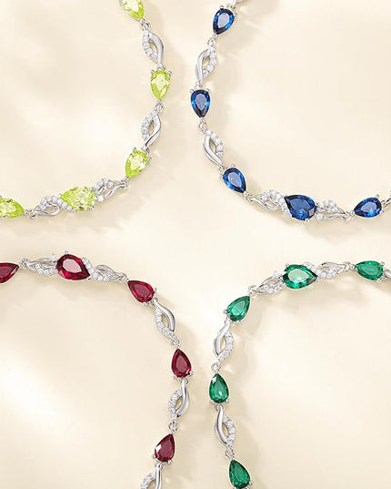 FANCIME Birthstone Teardrop Tennis Bracelet for Women, Sterling Silver 9x7mm main Gemstone Bolo Adjustable Chain Bracelet Fine Jewelry Birthday Gifts for Women Mom Wife Her