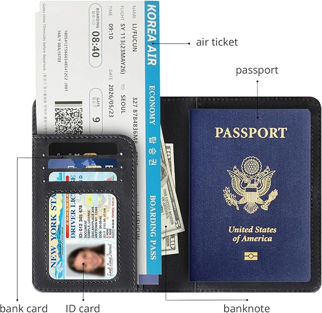Passport Holder for Travel Essentials,RFID Blocking Passport Cover Wallet Card Case for Women and Men (Black)