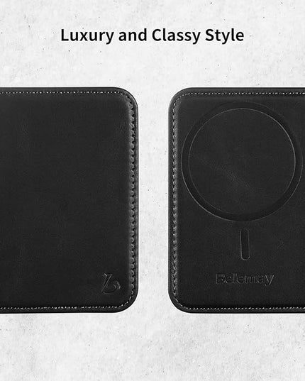 Belemay Minimalist Bifold Magnetic Wallet Compatible with MagSafe, Slim Card Holder for 4 Cards, Vegetable-Tanned Leather, Compatible with iPhone 17/16/15/14/13/12 Series and MagSafe Cases, Black