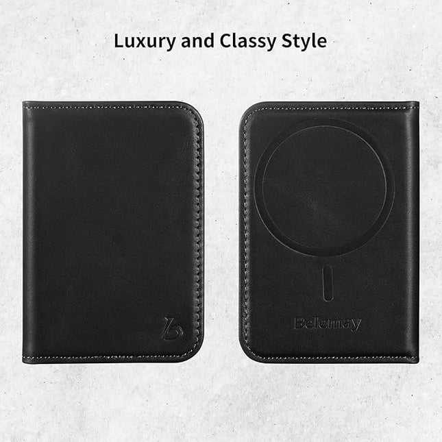 Belemay Minimalist Bifold Magnetic Wallet Compatible with MagSafe, Slim Card Holder for 4 Cards, Vegetable-Tanned Leather, Compatible with iPhone 17/16/15/14/13/12 Series and MagSafe Cases, Black