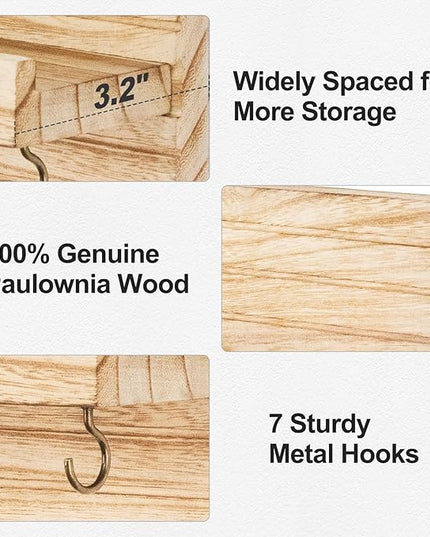 Lwenki Decorative Key Holder for Wall with Shelf, Entryway Shelf with Hooks Holds Leashes, Jackets and Glasses – Sturdy Wood Keyholder Entrance Hanger with Mounting Hardware (Wood, Large)