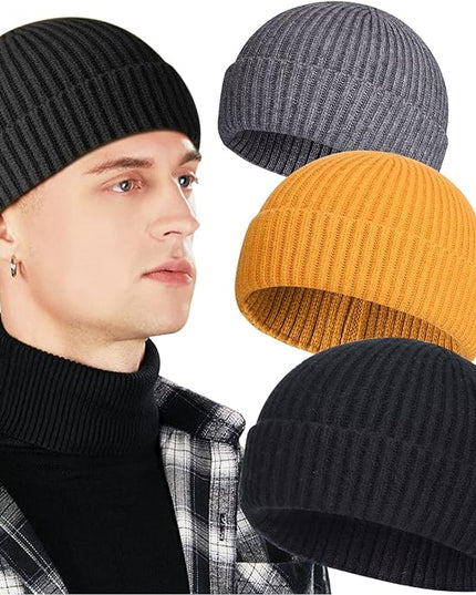 3 Pack Wool Fisherman Beanies for Men, Short Knit Watch Cap Cuffed Trawler Hats