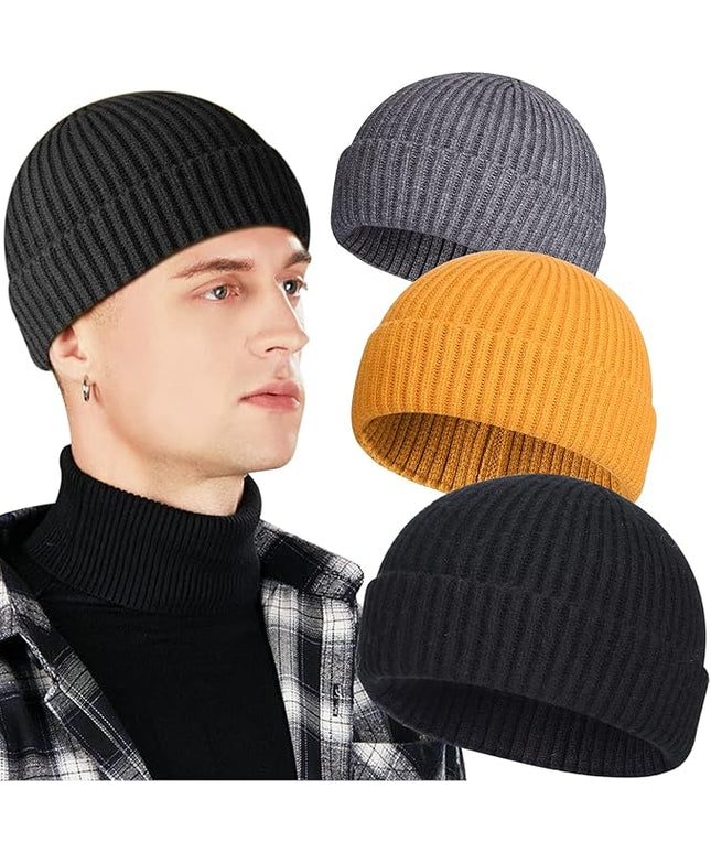 3 Pack Wool Fisherman Beanies for Men, Short Knit Watch Cap Cuffed Trawler Hats