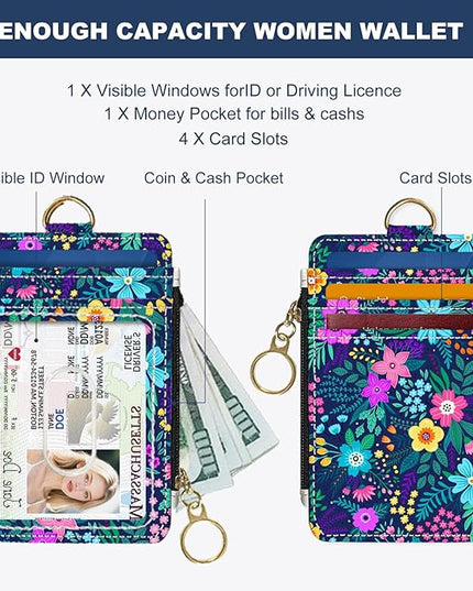 Slim Wallet Credit Card Holder, Purple Floral Print X, RFID Wallet Women Cute Small Front Pocket Wallet With Zipper, PU Leather Thin travel RFID Blocking Card Case ID Window,Ladies Gifts