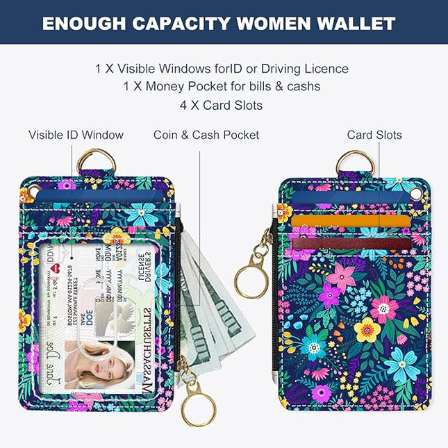 Slim Wallet Credit Card Holder, Purple Floral Print X, RFID Wallet Women Cute Small Front Pocket Wallet With Zipper, PU Leather Thin travel RFID Blocking Card Case ID Window,Ladies Gifts