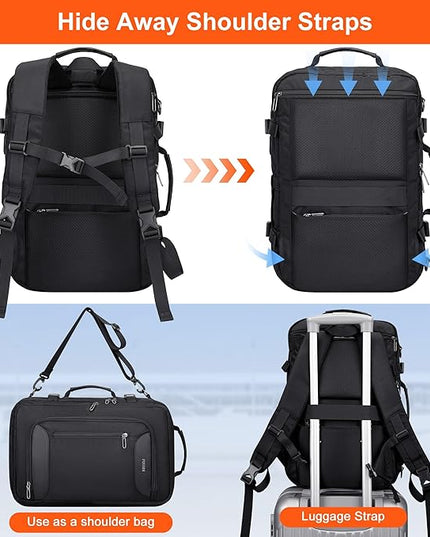 PIJUSHI Travel Backpack for Women Men Flight Approved Carry on Bag 16 inch Laptop Personal Item Daypack with Shoe Compartment(PE038 Black)
