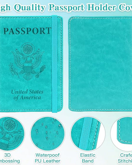 Passport Holder for Travel, RFID Blocking Passport Cover with Pen Holder Leather Passport Wallet Case Travel Must Haves Accessories Passport Book Card Holder for Family Travel Essentials, Turquoise