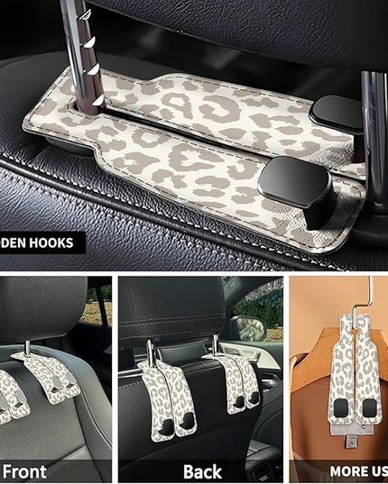 Car Seat Headrest Hook, Universal Leather Cute Hanger Holder Hook, Storage Organizer Interior Accessories for Purse Bags Handbag Luxury Grey Leopard