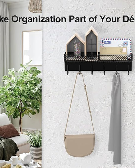 Lwenki Key Holder for Wall – Decorative Stainless Steel Key Hanger with 6 Hooks for Hats, Bags, Leashes – Mail Holder Key Rack with Mounting Hardware and Guide (9.65” x 2.8” x 2.2”) (Black)