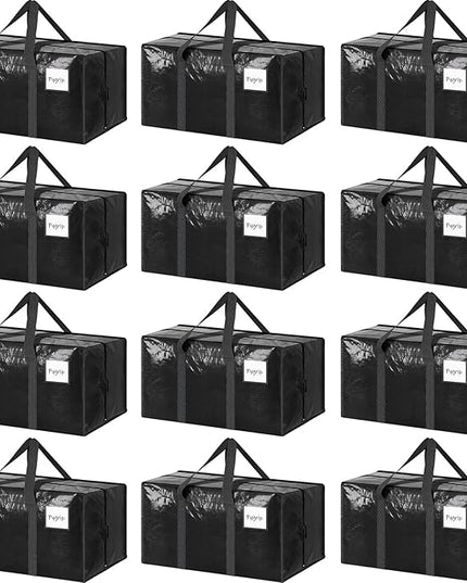 12 Pack Extra Heavy Duty Large Moving Bags with Strong Zipper & Comfortable Handles, Sturdy & Durable Clothes Storage Bags Totes Bins, Packing Moving Boxes for College Supplies, Black