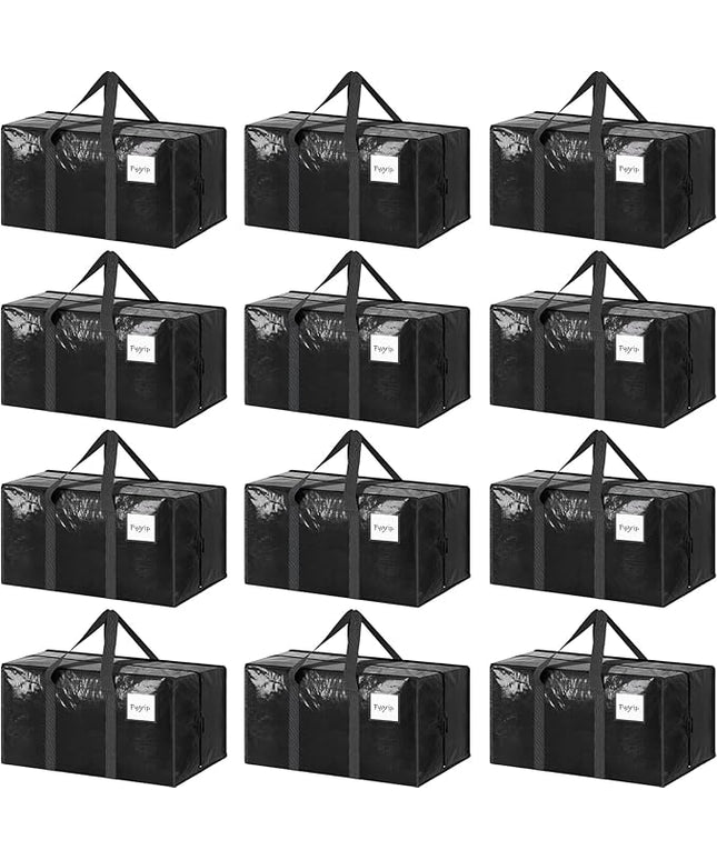 12 Pack Extra Heavy Duty Large Moving Bags with Strong Zipper & Comfortable Handles, Sturdy & Durable Clothes Storage Bags Totes Bins, Packing Moving Boxes for College Supplies, Black