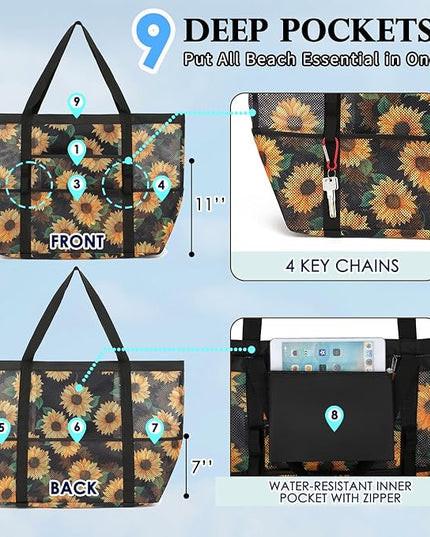 Mesh Beach Bag, Large Beach Tote with Zipper Pocket, Toys Pool Bag for Family Travel Vacation Cruise Essentials