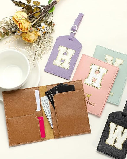 PATIKIL Passport Holder for Travel, Initial Passport Cover and Luggage Tag Set with Alphabet Chenille Letter Patch Travel Wallet Bag Suitcase Identifier for Women Family Travel Pink H