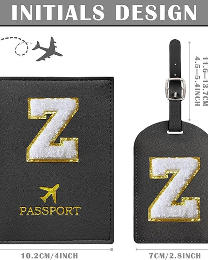 COSHAYSOO Black Passport Cover and Initial Luggage Tag Set TSA Approved with Preppy Chenille Letter Patch for Women Girl Teens, 2023 Trendy Travel Bag Backpack Suitcase Identifier Essential Gifts (Z)