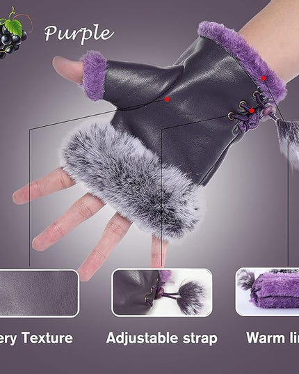 Cute Winter Gloves - Fuzzy Furry Faux Fur Lined, Warm Hands Warmer for Women