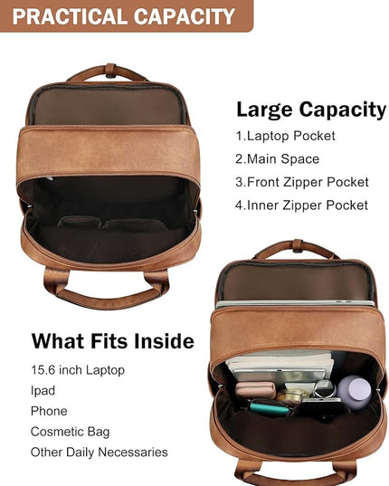 MASINTOR Leather Laptop Backpack for Women, Stylish Computer Backpack College Business Work Shoulder Bags Work and Travel Mocha Brown