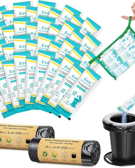 BLIKA 40 Count Camping Toilet Bags Eco Absorbent Gel Set, Portable Toilet Bags with Gel, 8 Gallon, 30 Liter, Heavy Duty 1 Mil, Toilet Replacement Bags with Toilet Powder for Camping Outdoor Hiking