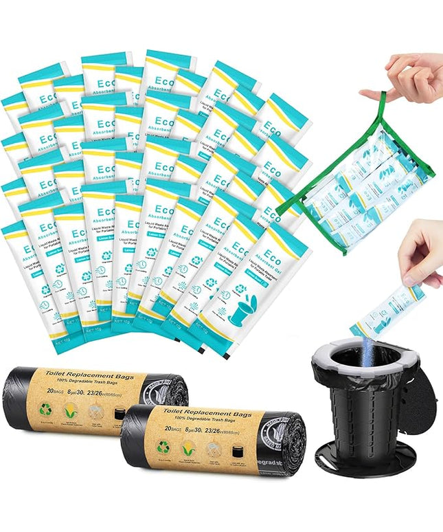 BLIKA 40 Count Camping Toilet Bags Eco Absorbent Gel Set, Portable Toilet Bags with Gel, 8 Gallon, 30 Liter, Heavy Duty 1 Mil, Toilet Replacement Bags with Toilet Powder for Camping Outdoor Hiking