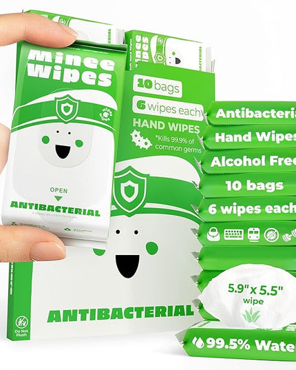 Impossibly Compact Travel Antibacterial Wipes Hand Sanitizer - 99.5% Water and Aloe - Safe for Sensitive Skin & Hypoallergenic Hand Wipes - Travel Essentials For Adults & Kids, 10 Pack Total 60 Wipe