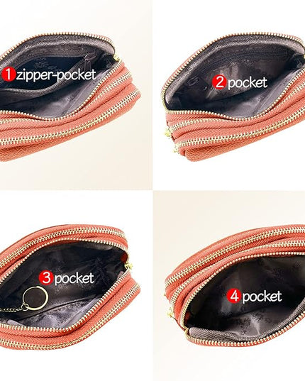 LINNO 3 Zippered Genuine Leather Coin Purse Triple Capacity Change Pouch Little Travel Wallet With Key Ring for Women