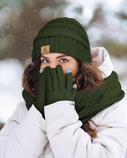 Winter Beanie Hat Scarf Gloves, Warm Fleece Knit Hats Touch Screen Gloves Neck Scarf Set Winter Gifts for Unisex Adult