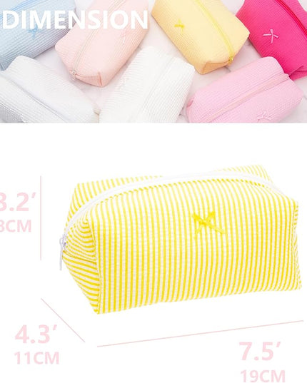 PAZIMIIK 2PCS Cozy Makeup Bag Small Aesthetic Travel Zipper Cosmetic Pouch for Women Make Up Beauty Accessories Brushes, Stripe Yellow