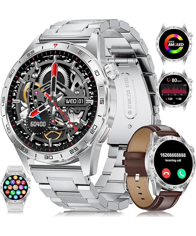 Smart Watch for Men (3 Straps),Answer/Make Calls,1.43'' AMOLED,IP68 Waterproof,110+ Sports Modes Fitness Watch with Sleep Monitor/SpO2/Heart Rate/Pedometer Rugged Smart watch for Android/iOS Silver