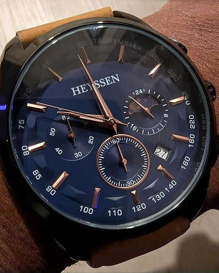 Watches for Men Chronograph Analog Luminous Quartz Watch Blue Black Luxury Genuine Leather Mens Watches Business Sports Waterproof Wristwatch Elegant Gift for Him