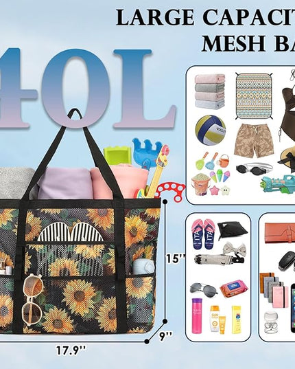 Mesh Beach Bag, Large Beach Tote with Zipper Pocket, Toys Pool Bag for Family Travel Vacation Cruise Essentials