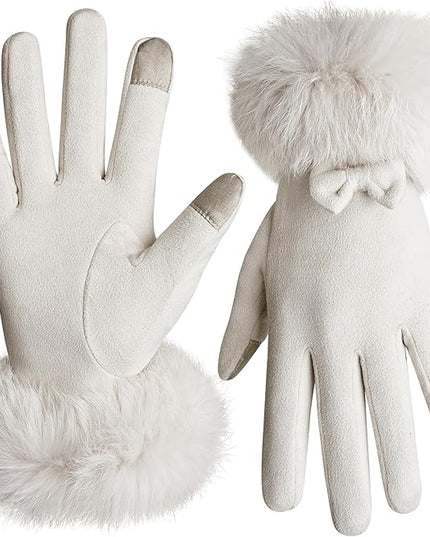 Vagasi Women Touch Screen Gloves, Fleece Lined Winter Gloves for Ladies, Thermal Suede Gloves Fur Cuff for Girls Gifts