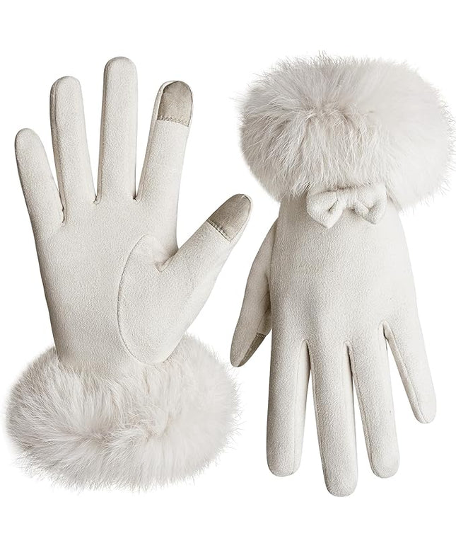 Vagasi Women Touch Screen Gloves, Fleece Lined Winter Gloves for Ladies, Thermal Suede Gloves Fur Cuff for Girls Gifts