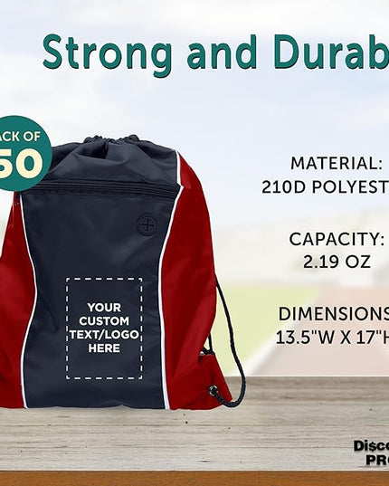 DISCOUNT PROMOS Two-Tone Drawstring Backpack Non-Woven - 50 pack - Customizable Text, Logo - Durable Sports Backpacks - Ideal for Work, Sports, Travel, Gym & More - Red
