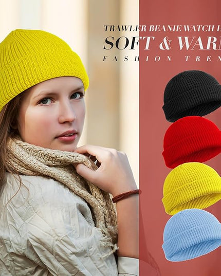 SATINIOR 4 Pieces Trawler Beanie Watch Hat Roll up Edge Skullcap Fisherman Beanie Unisex