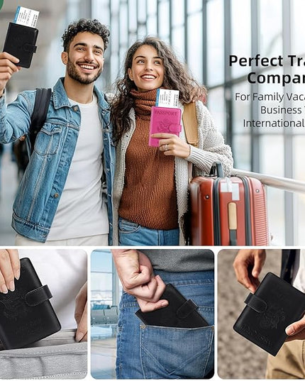 Passport Holder for Travel Family with Slot for Tracker Device & Luggage Tag Cover, – RFID Blocking Passport Wallet for Women & Men | PU Leather Passport Cover Case with Money Pocket – Black