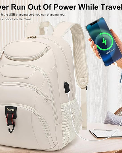 Boavan Laptop Backpack for women,15.6 inch Laptop Bag with USB Port, Waterproof Travel Work Backpack Purse, Anti-Theft Teacher Nurse Doctor Casual Bookbags Office Business backpack，Cream Beige