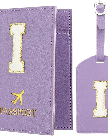 PATIKIL Passport Holder for Travel, Initial Passport Cover and Luggage Tag Set with Alphabet Chenille Letter Patch Travel Wallet Bag Suitcase Identifier for Women Family Travel Purple I