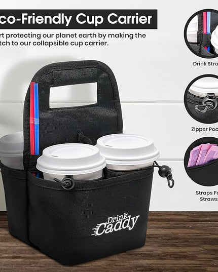 Drink Caddy Portable Drink Carrier and Reusable Coffee Cup Holder - 4 Cup Collapsible Tote Bag with Organizer Pockets Safely Secures Hot and Cold Beverages (Blue)