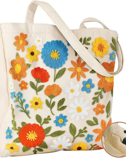 Embroidery Canvas Tote Bag for Women - Reusable Totes with Pocket & Buckle Aesthetic Cute Grocery Shoulder Bag