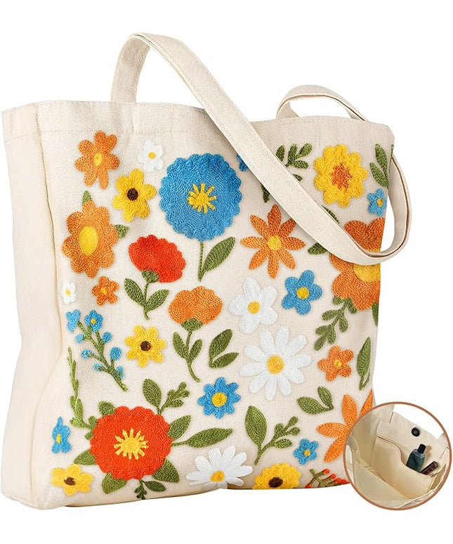 Embroidery Canvas Tote Bag for Women - Reusable Totes with Pocket & Buckle Aesthetic Cute Grocery Shoulder Bag