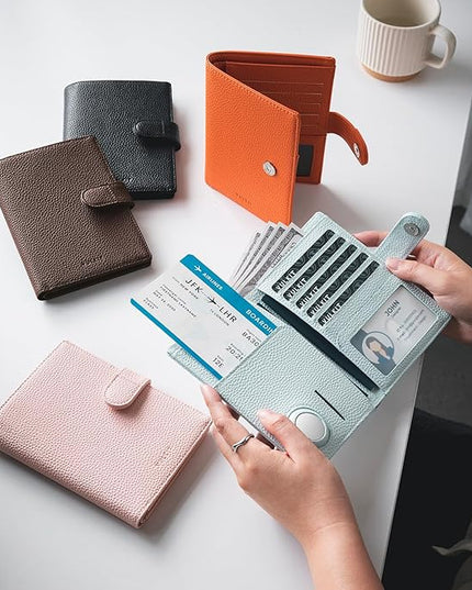 VULKIT Dual Leather Passport Wallet with Airtag Holder Slim Double Passport Holder RFID Blocking Passport Travel Wallet for Women or Men