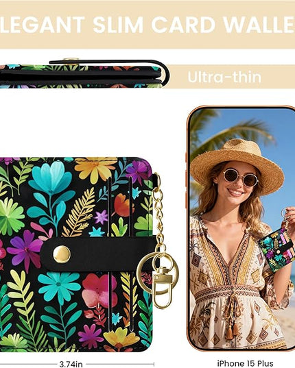 Sodsay Small Slim Wallet Women RFID Blocking, PU Leather Bifold Ladies Wallet with Zipper Coin Pocket, Thin Cute Travel Card Wallets for Girls, Black Garden