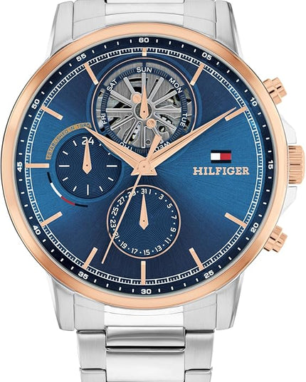 Tommy Hilfiger Men's Multifunction Quartz Watch – 44mm Stainless Steel Case, Double-Layer Dial, Link Bracelet, Skeleton-Inspired Design - Gift for Him