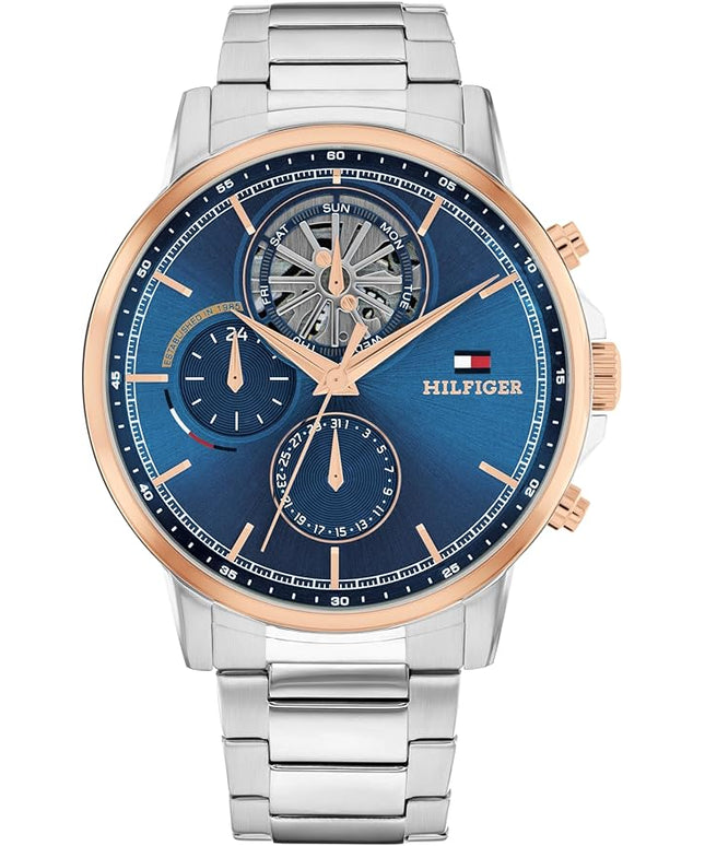 Tommy Hilfiger Men's Multifunction Quartz Watch – 44mm Stainless Steel Case, Double-Layer Dial, Link Bracelet, Skeleton-Inspired Design - Gift for Him