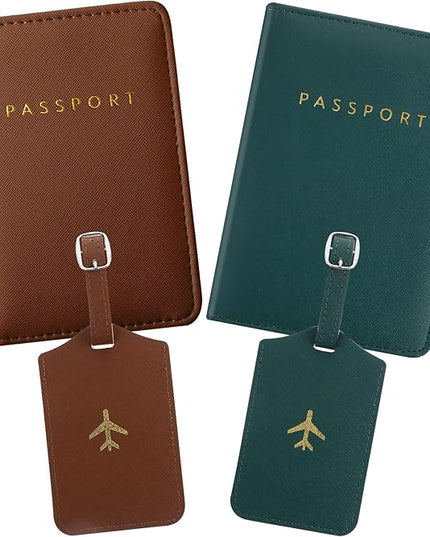 Weewooday 2 Set Mr and Mrs Passport Covers Holder and Luggage Tags Cute Leather Wallets Holder Travel Luggage Tags for Women Men Gift(Blackish Green, Brown)