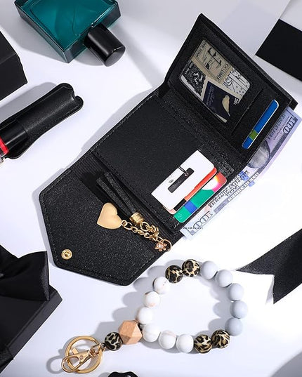 Weewooday Wristlet Bracelet Keychain Wallet Gift for Women Christmas Small Silicone Beaded Keyring Purse Leather Card Holder(Black)