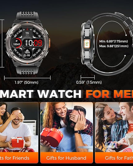 KE5 Military Smart Watch for Men with Flashlight SOS 3ATM Waterproof Watch 530mAh Big Battery 1.45" Rugged Tactical Smartwatch with Compass Elevation Barometer Fitness Watch for iPhone (Brown+OLight)