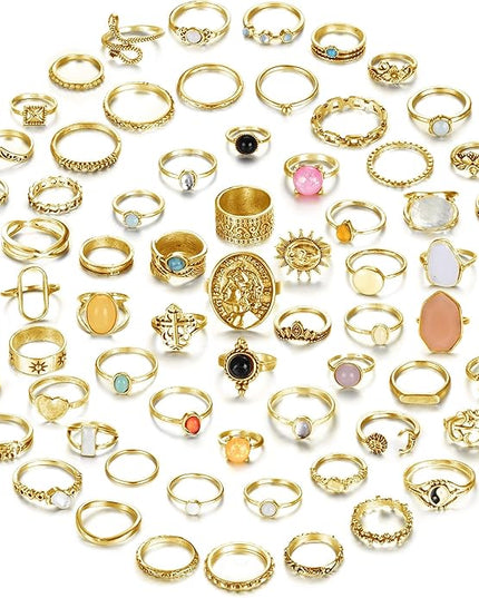 Subiceto 70 Pcs Vintage Crystal Ring Set Knuckle Rings for Women Bohemian Stackable Joint Rings Retro Boho Stacking Joint Finger Rings Pack