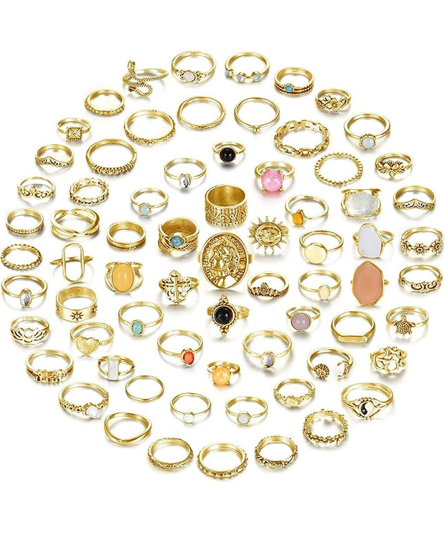 Subiceto 70 Pcs Vintage Crystal Ring Set Knuckle Rings for Women Bohemian Stackable Joint Rings Retro Boho Stacking Joint Finger Rings Pack